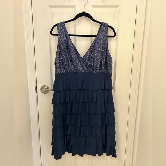 Navy Blue, Tiered Ruffled Dress with Sequin Top, Sz 16 - Picture 1 of 7